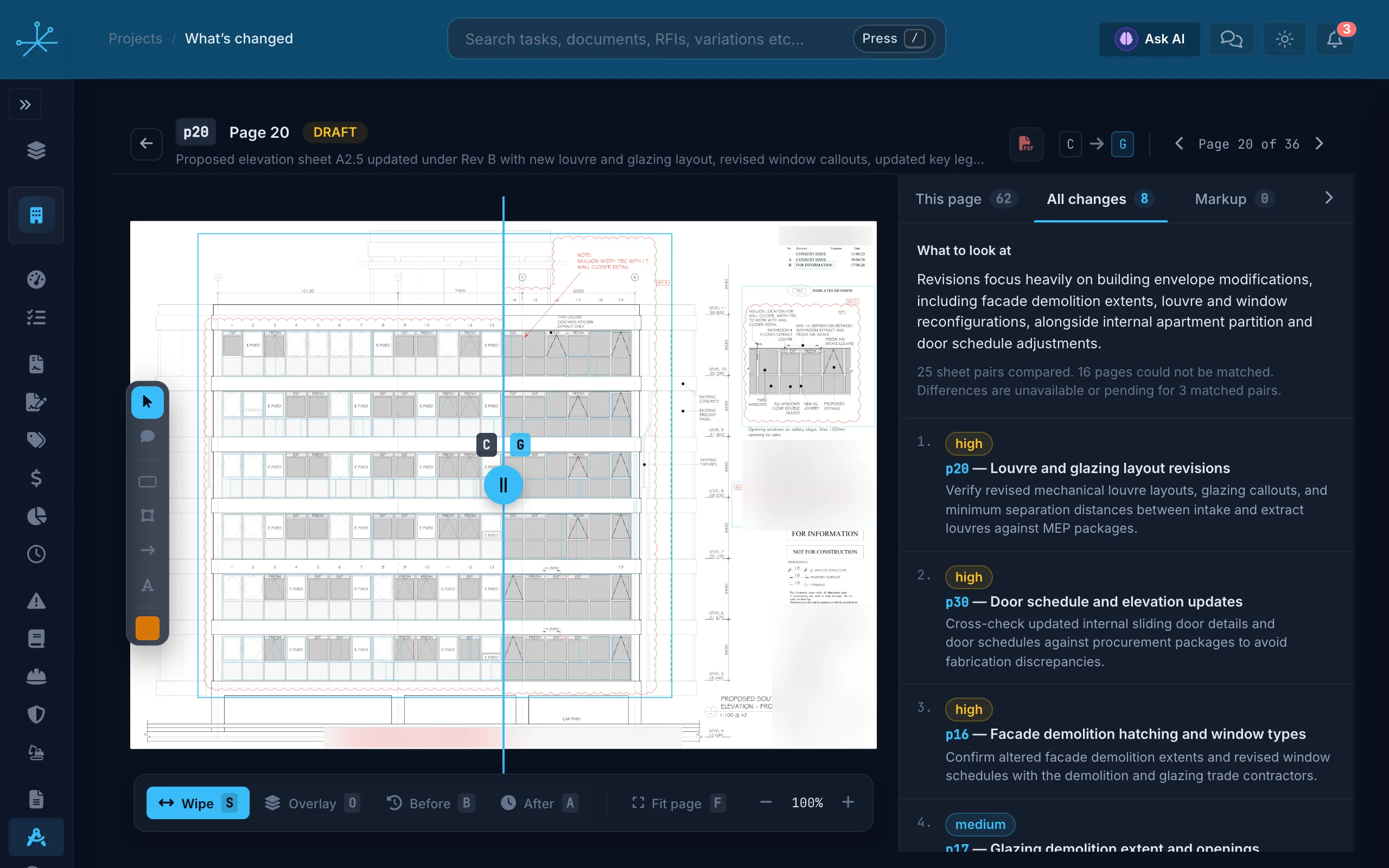 An architectural set reissued from Rev C to Rev G: the AI’s ranked brief, the captions on the sheet with the largest change, the overlay, a wipe between the revisions, a cloud with a comment tagging the architect, and an RFI raised from the change