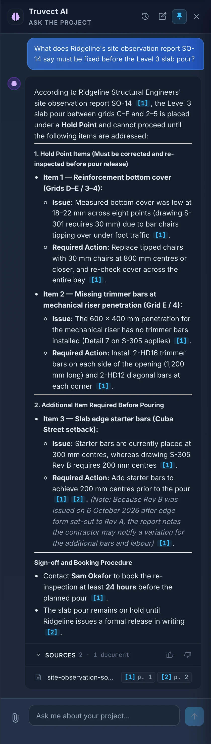 Truvect AI listing what an engineer’s site report says must be fixed before the Level 3 slab pour, each point cited to the report, with the report’s pages listed under Sources